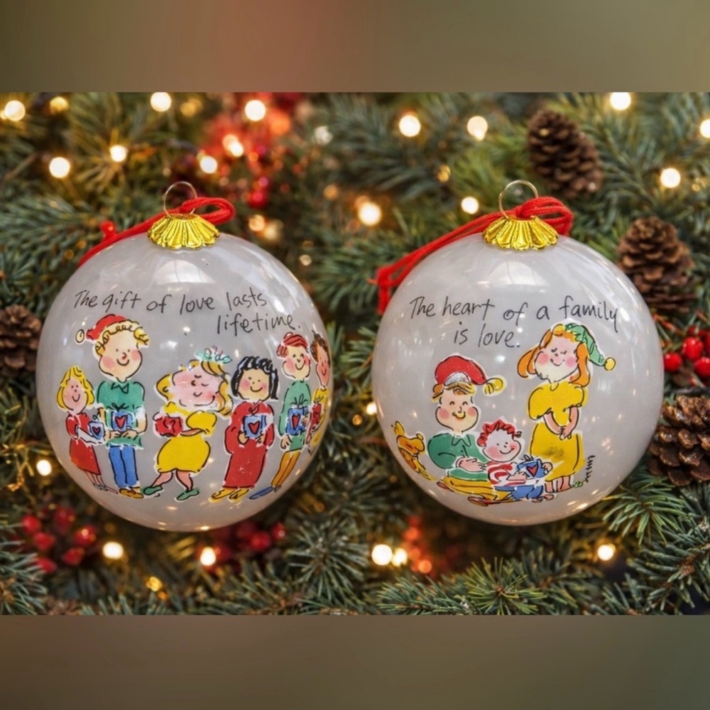 Vintage 2003 Sally Huss Family Love Glass Christmas Ornaments Set of 2